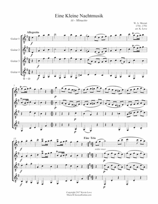 Eine kleine Nachtmusik, K. 525 - iii - Minuetto (Guitar Quartet) - Score and Parts