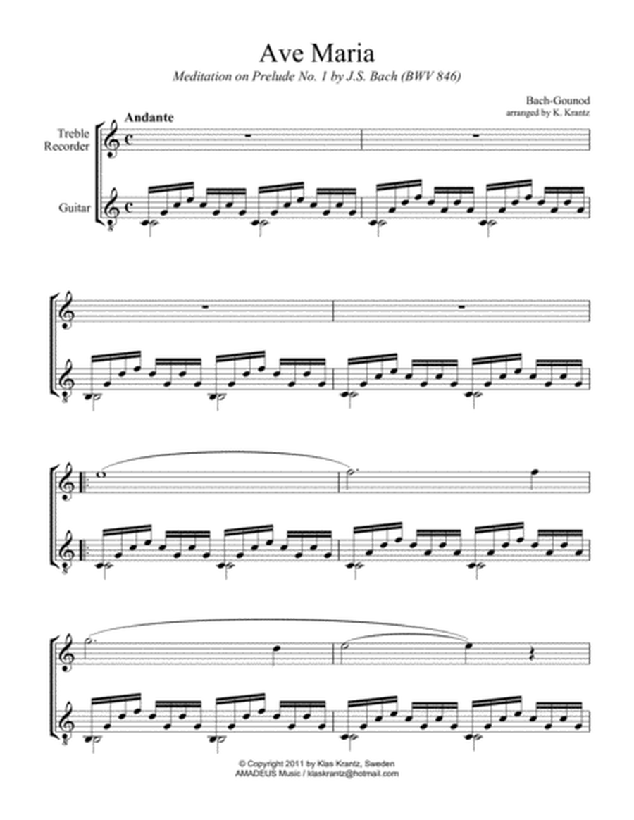 Ave Maria (Shubert) for treble recorder and guitar (C Major) image number null
