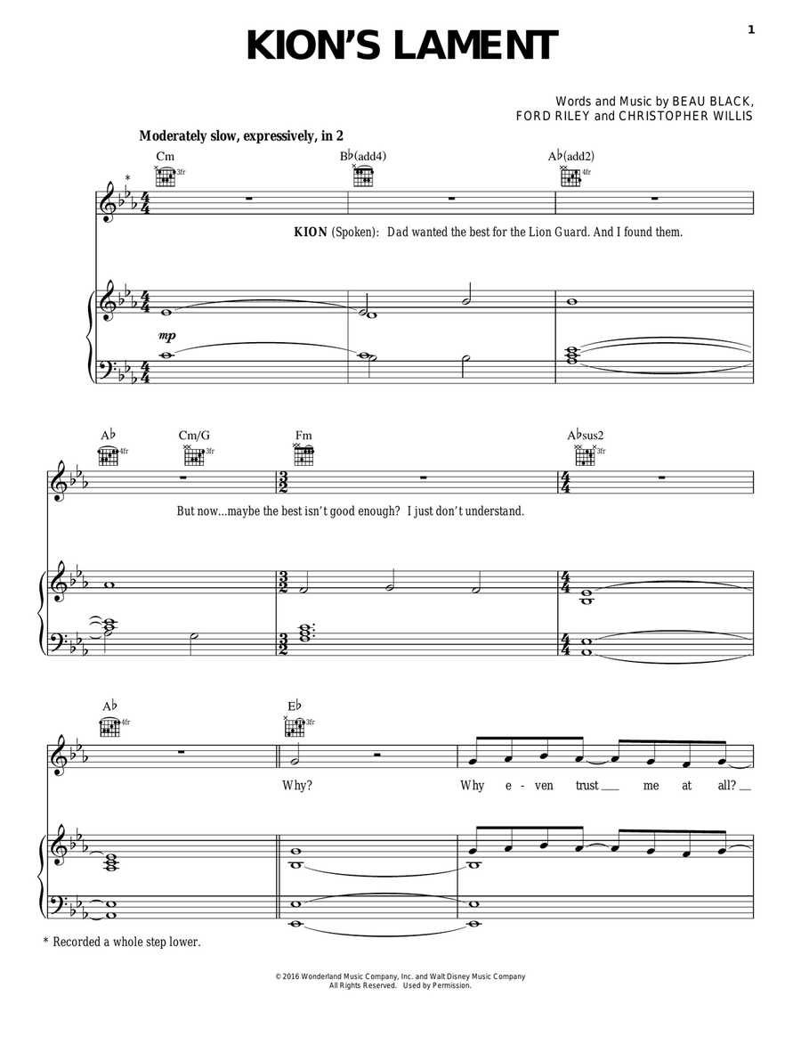 Kion's Lament Piano, Vocal, Guitar scores gallery preview page 1