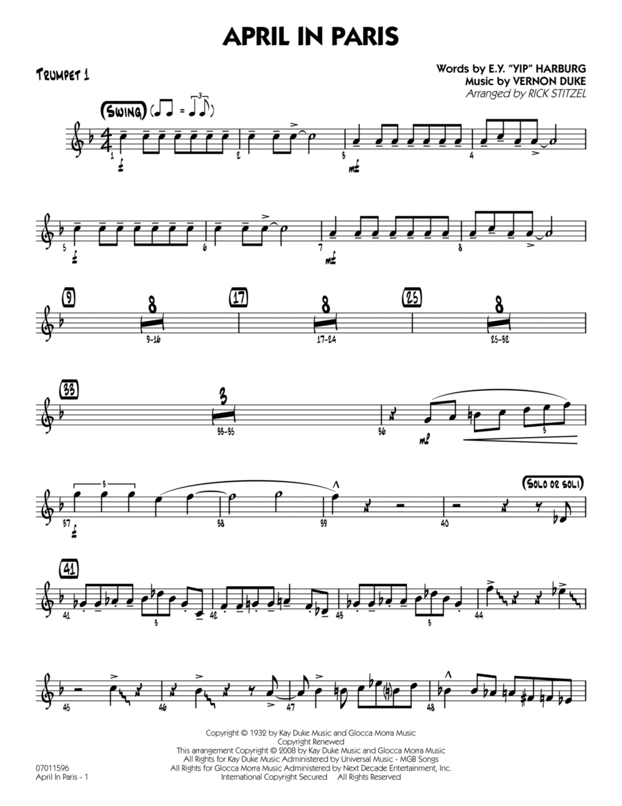 April in Paris - Trumpet 1 Jazz Ensemble scores gallery preview page 1
