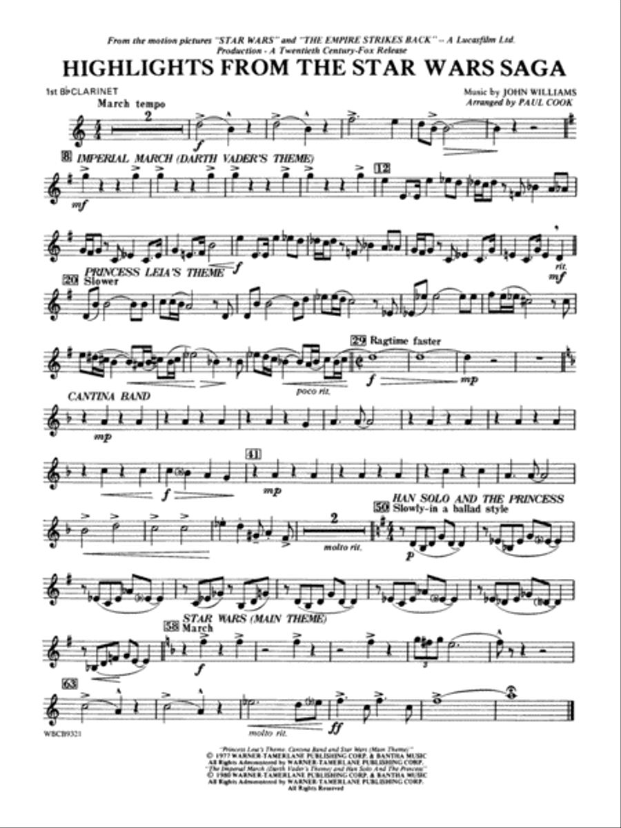 Highlights from the Star Wars Saga: 1st B-flat Clarinet Concert Band scores gallery preview page 1