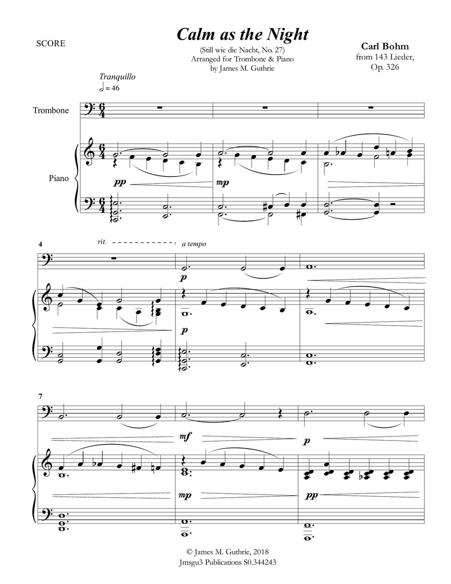 Bohm: Calm as the Night for Trombone & Piano Piano scores gallery preview page 1