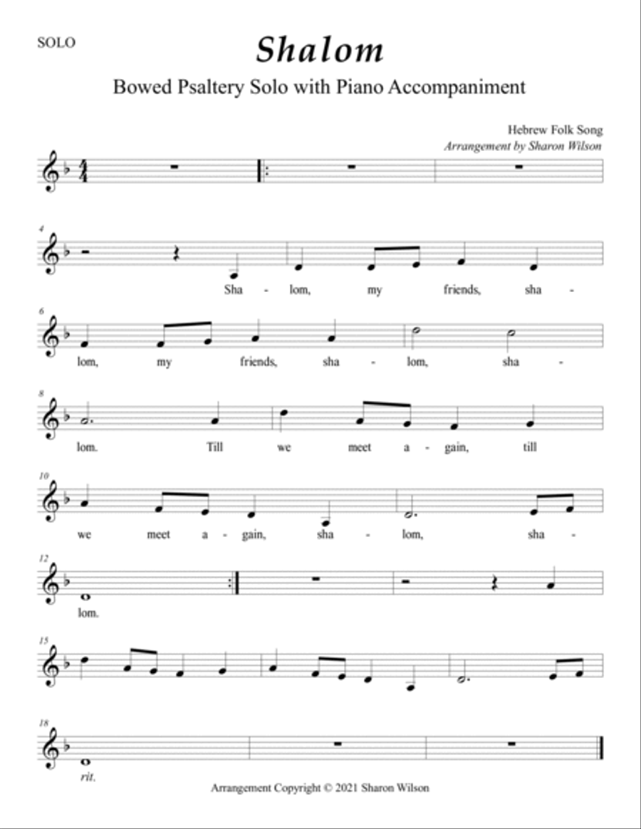 Shalom (Easy Bowed Psaltery Solo with Piano Accompaniment) Zither scores gallery preview page 2