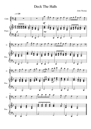Deck The Halls - Cello (Bass Clef) and Piano