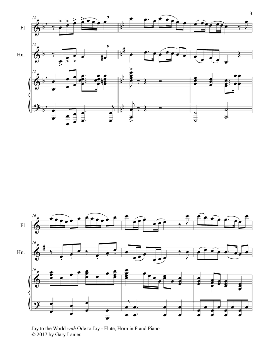 JOY TO THE WORLD with ODE TO JOY (Trio - Flute, Horn in F with Piano & Score/Part) Woodwind Duet scores gallery preview page 4