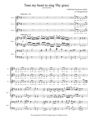 "Tune my heart to sing Thy grace" for 3-part choir and piano 4 hands