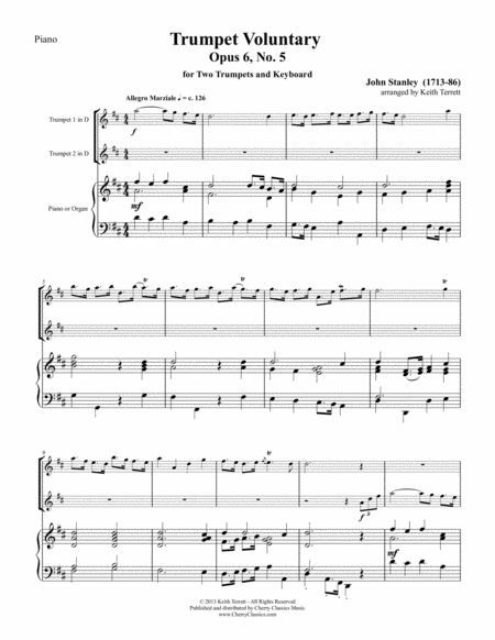 Trumpet Voluntary Op. 6, No 5 for Two Trumpets and Piano or Organ