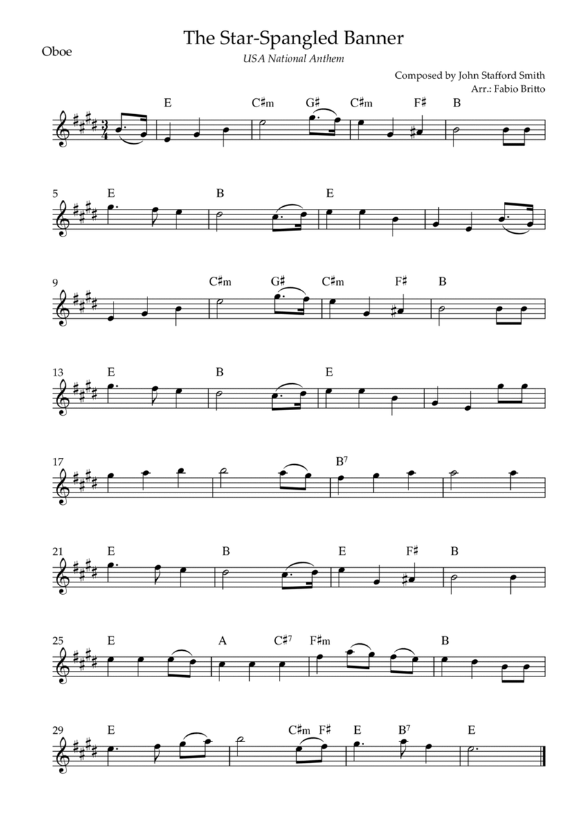The Star Spangled Banner (USA National Anthem) for Oboe Solo with Chords (E Major)