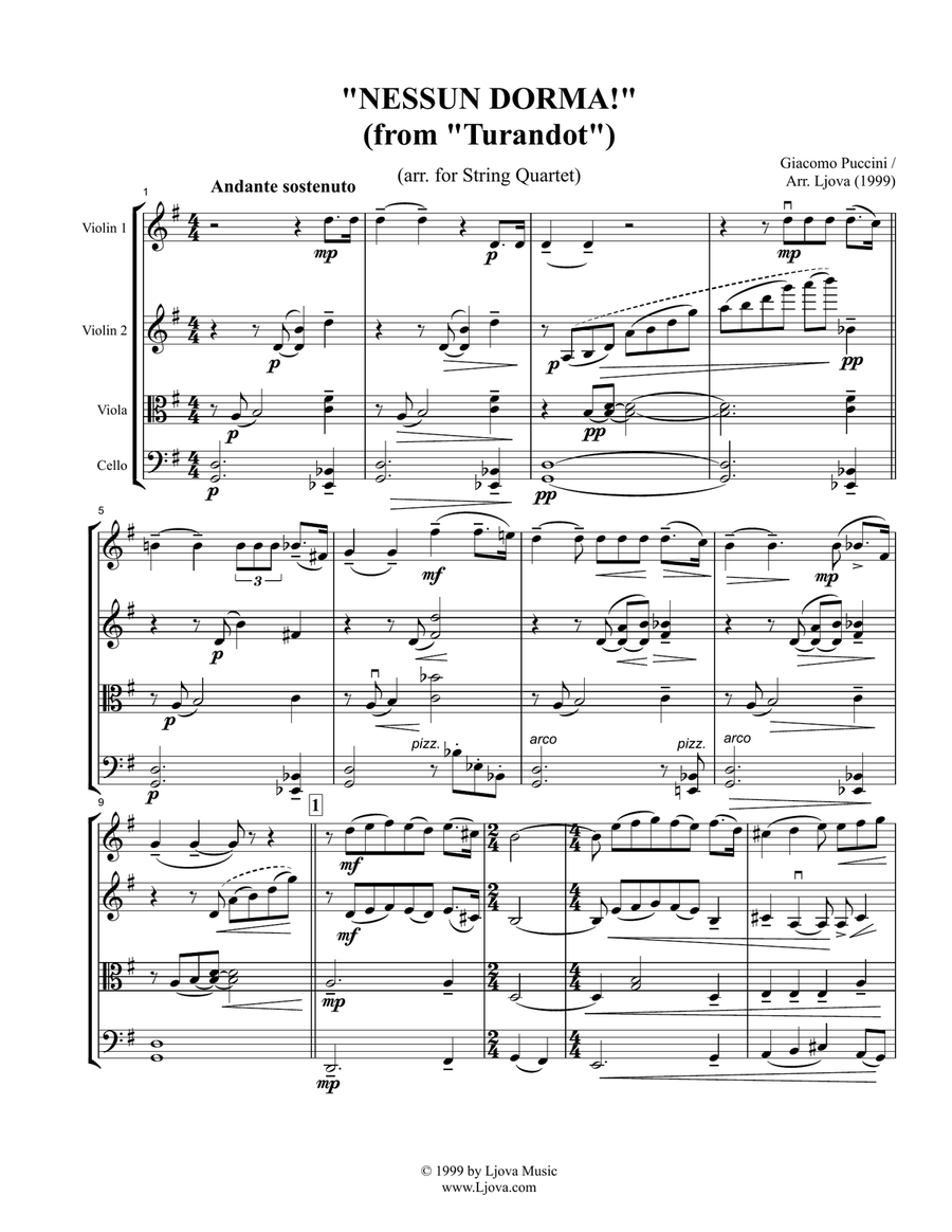 Nessun Dorma for string quartet (score and parts)