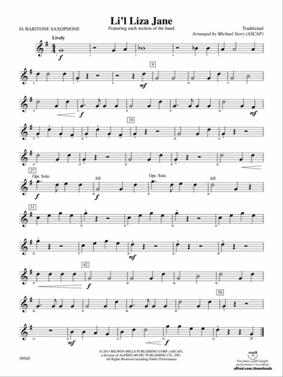 Li'l Liza Jane: E-flat Baritone Saxophone Concert Band scores gallery preview page 1
