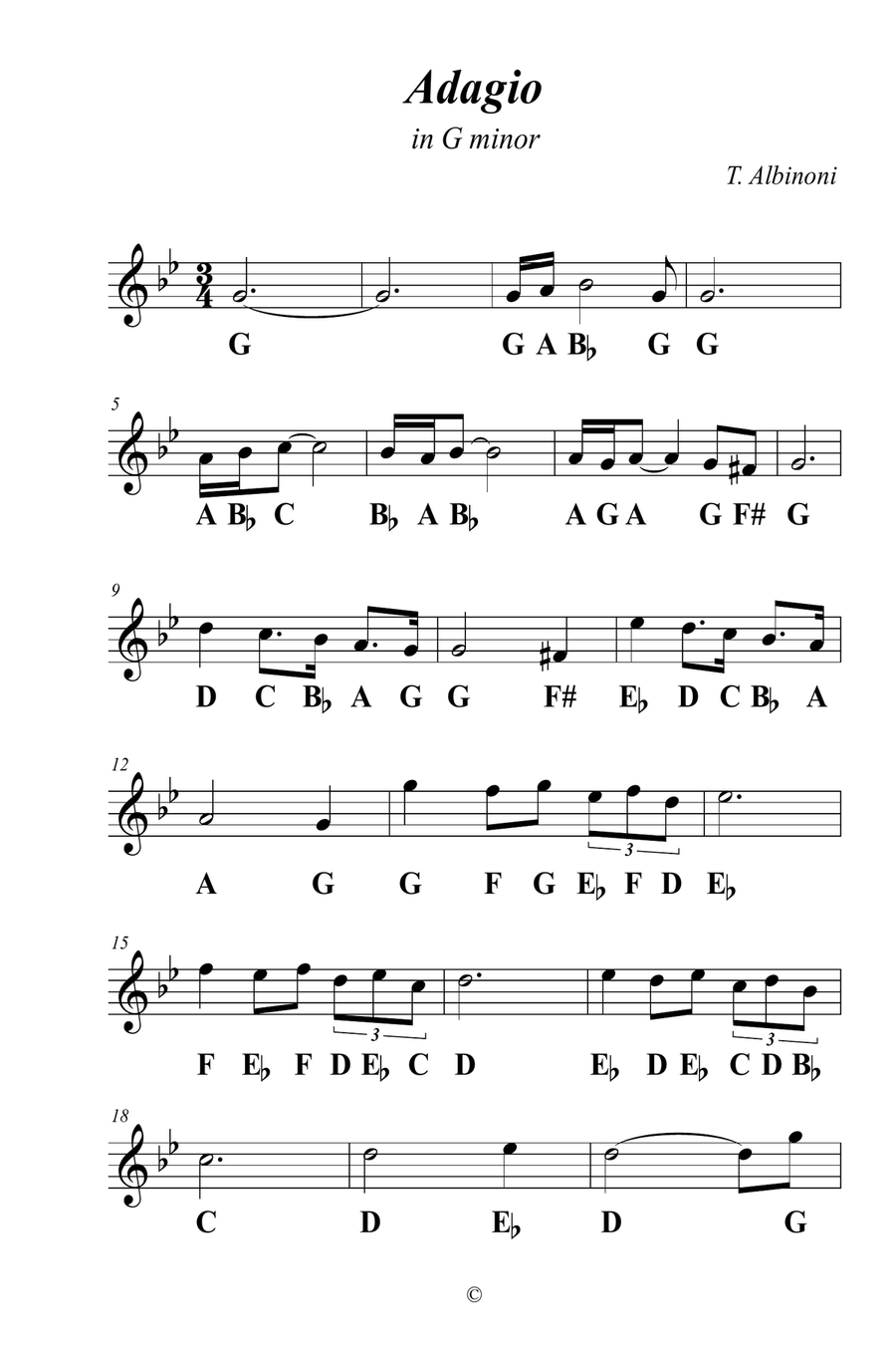 Adagio in G minor - Easy Adagio in G minor - Easy Easy Piano scores gallery preview page 1