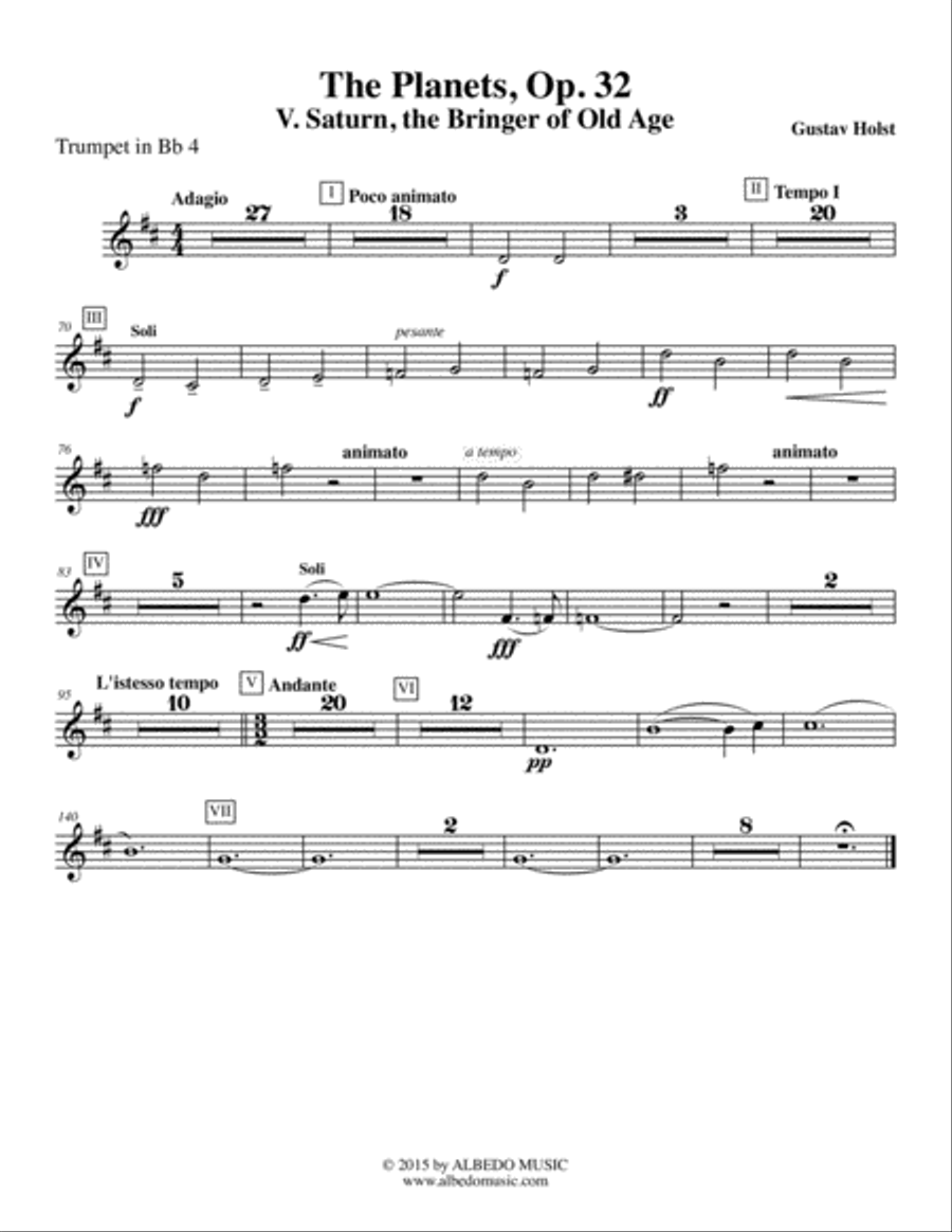 Holst The Planets, V. Saturn, the Bringer of Old Age - Trumpet in Bb 4 (Transposed Part), Op. 32 B-Flat Trumpet scores gallery preview page 1