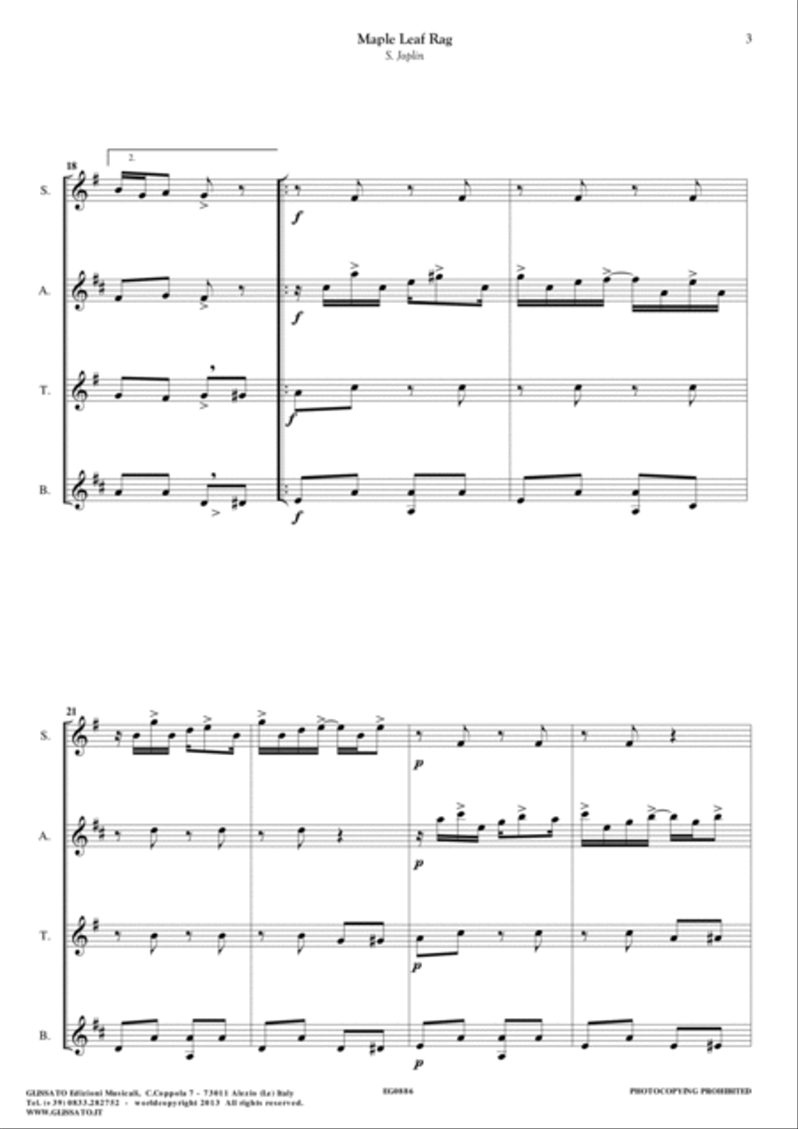 Saxophone sheet music for Quartet "Maple Leaf Rag" (score & parts) image number null