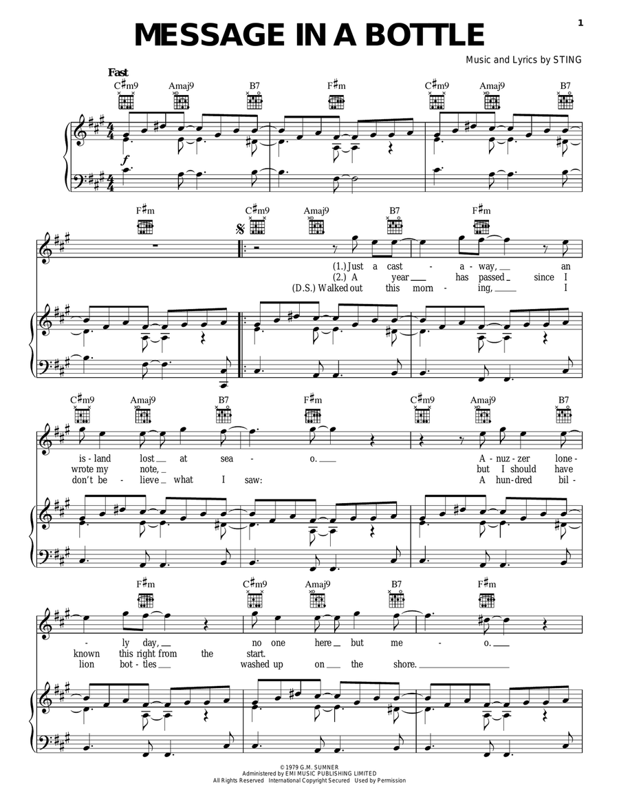 Message In A Bottle Piano, Vocal, Guitar scores gallery preview page 1