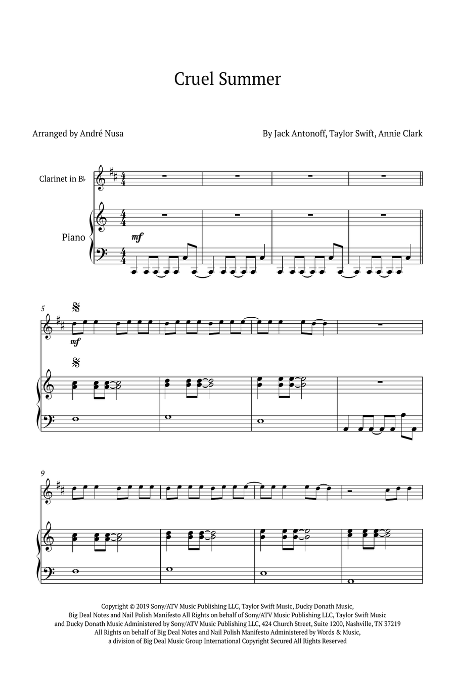 Cruel Summer B-Flat Clarinet scores gallery preview page 1