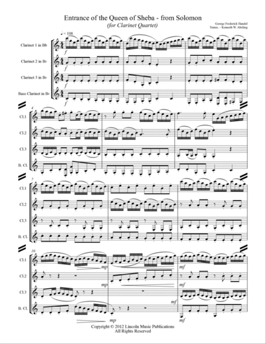 Arrival of the Queen of Sheba (for Clarinet Quartet) Clarinet Quartet scores gallery preview page 2