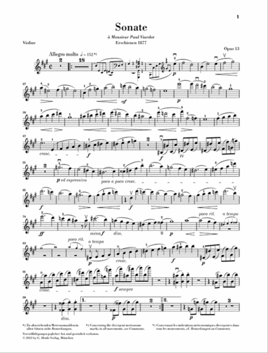 Sonata No. 1 in A Major, Op. 13 for Violin and Piano Violin Solo scores gallery preview page 4