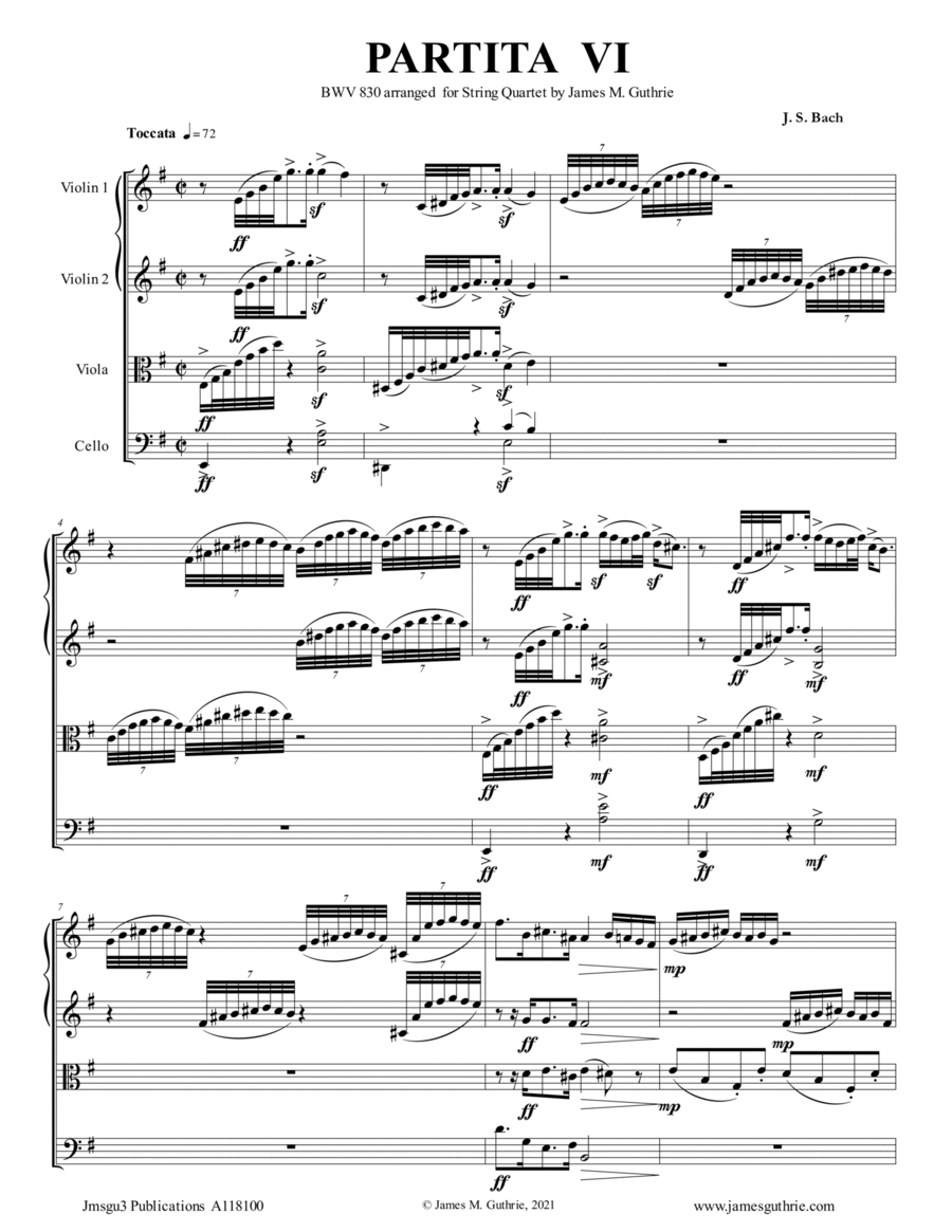 BACH: Partita No. 6 BWV 830 for String Quartet image number null