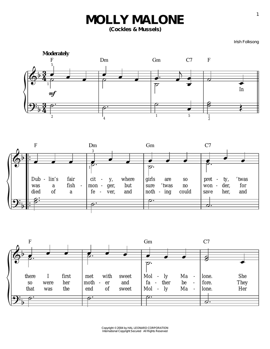 Molly Malone (Cockles & Mussels) Easy Piano scores gallery preview page 1