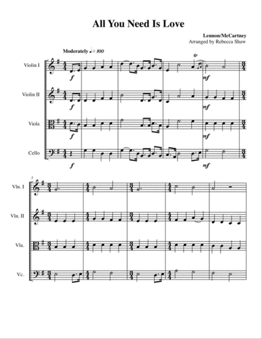 All You Need Is Love String Quartet scores gallery preview page 1