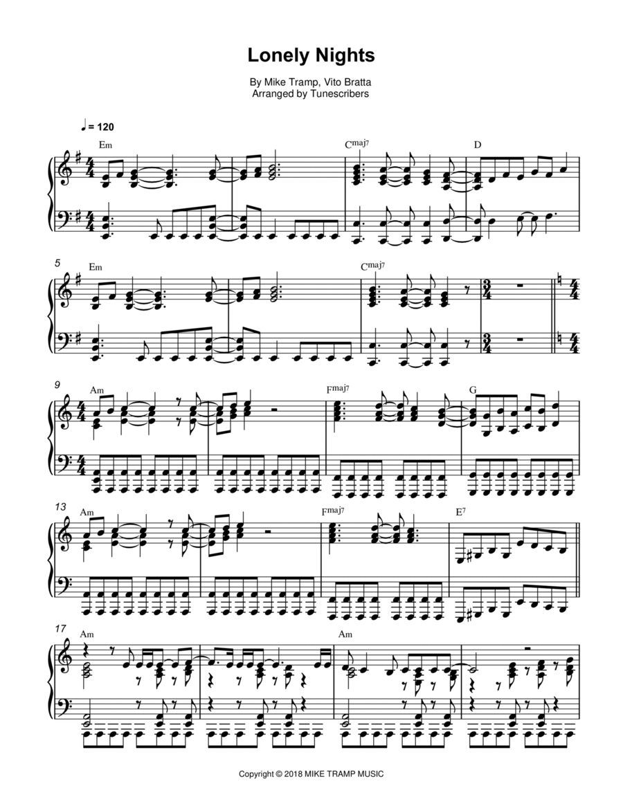 Lonely Nights Piano Solo scores gallery preview page 1