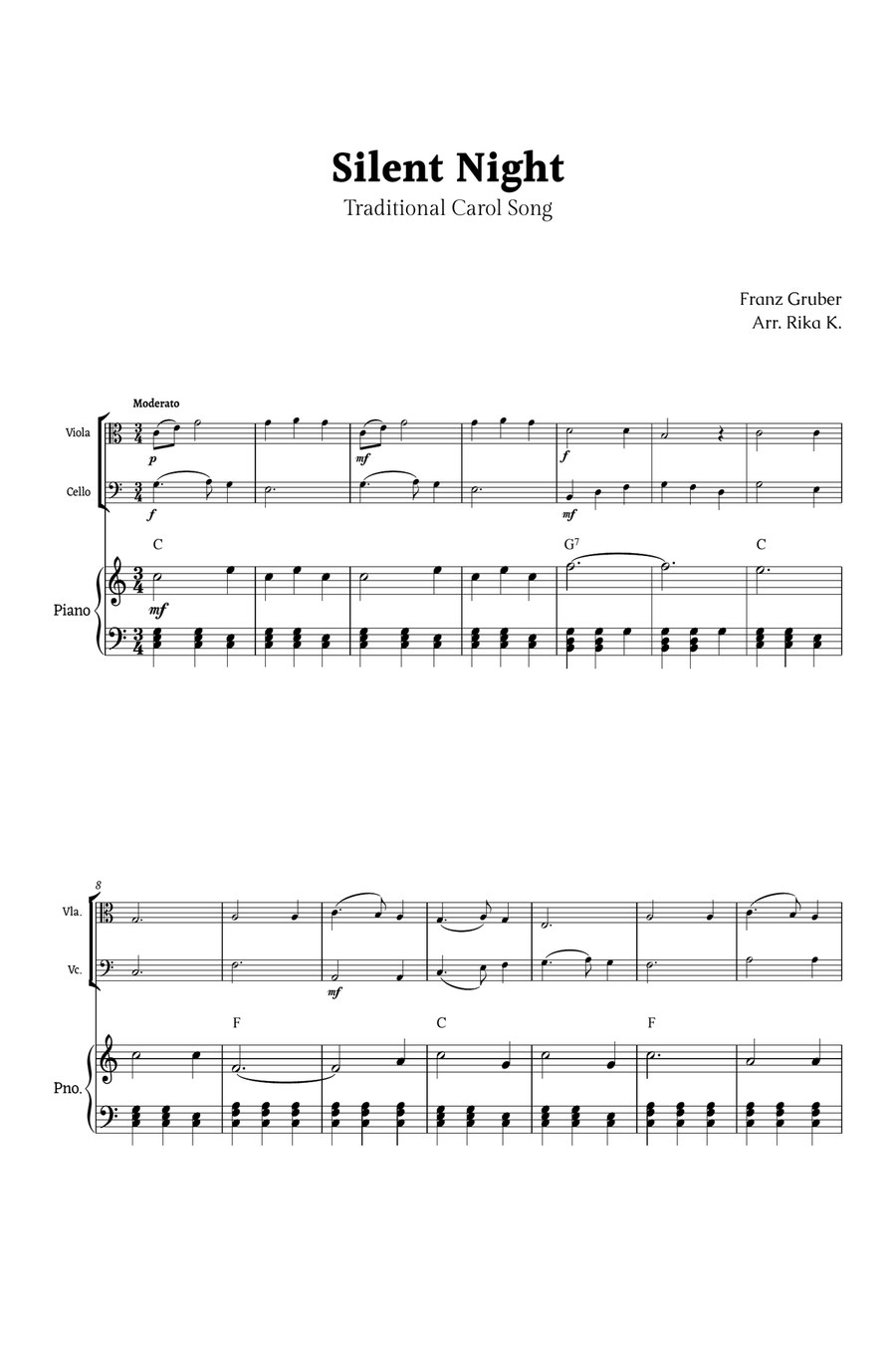 Silent Night for Viola and Cello Duet with Piano String Duet scores gallery preview page 1