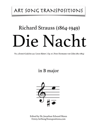 Book cover for STRAUSS: Die Nacht, Op. 10 no. 3 (transposed to B major, B-flat major, and A major)