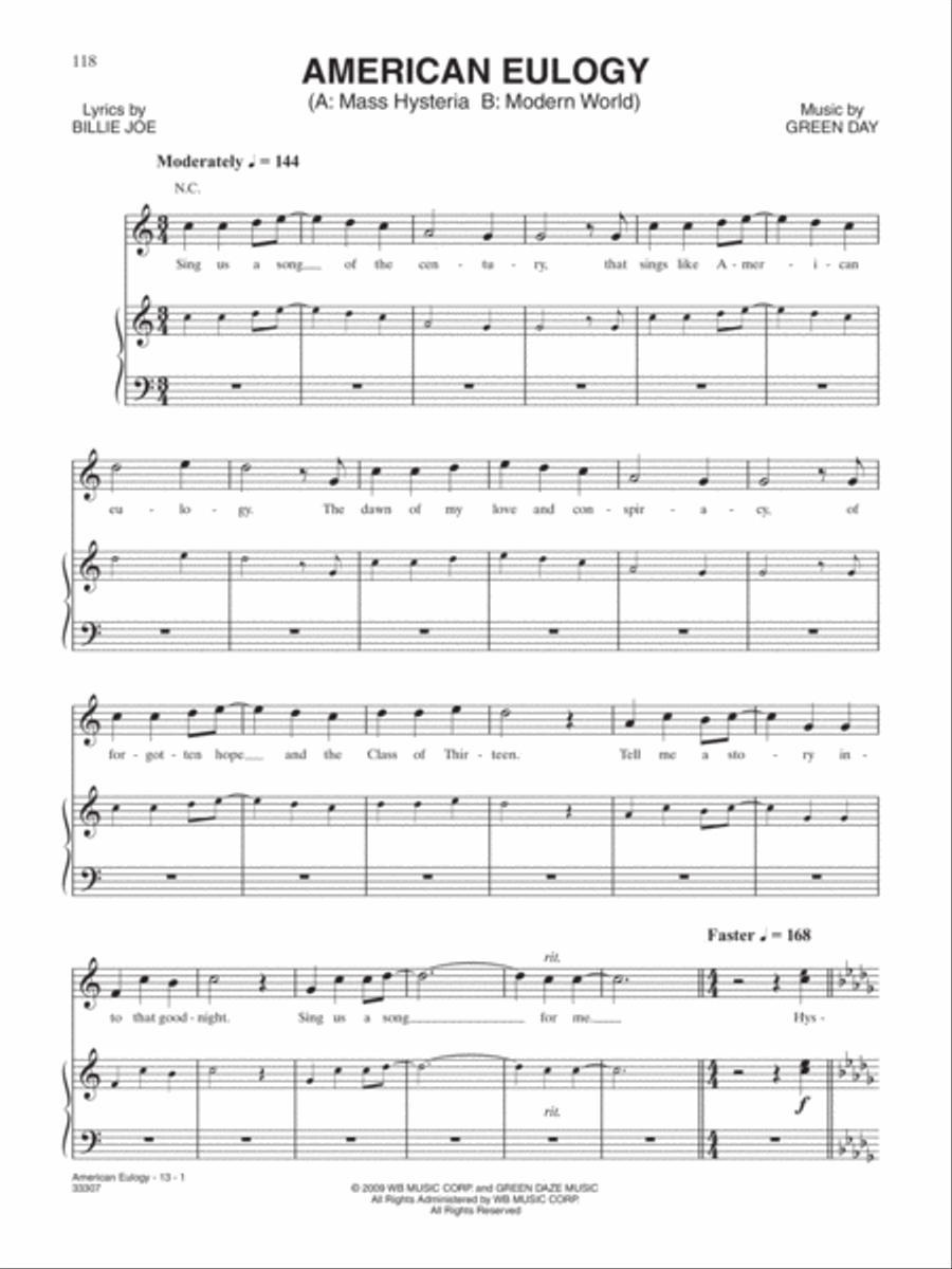 American Eulogy (A: Mass Hysteria B: Modern World) Piano, Vocal, Guitar scores gallery preview page 1