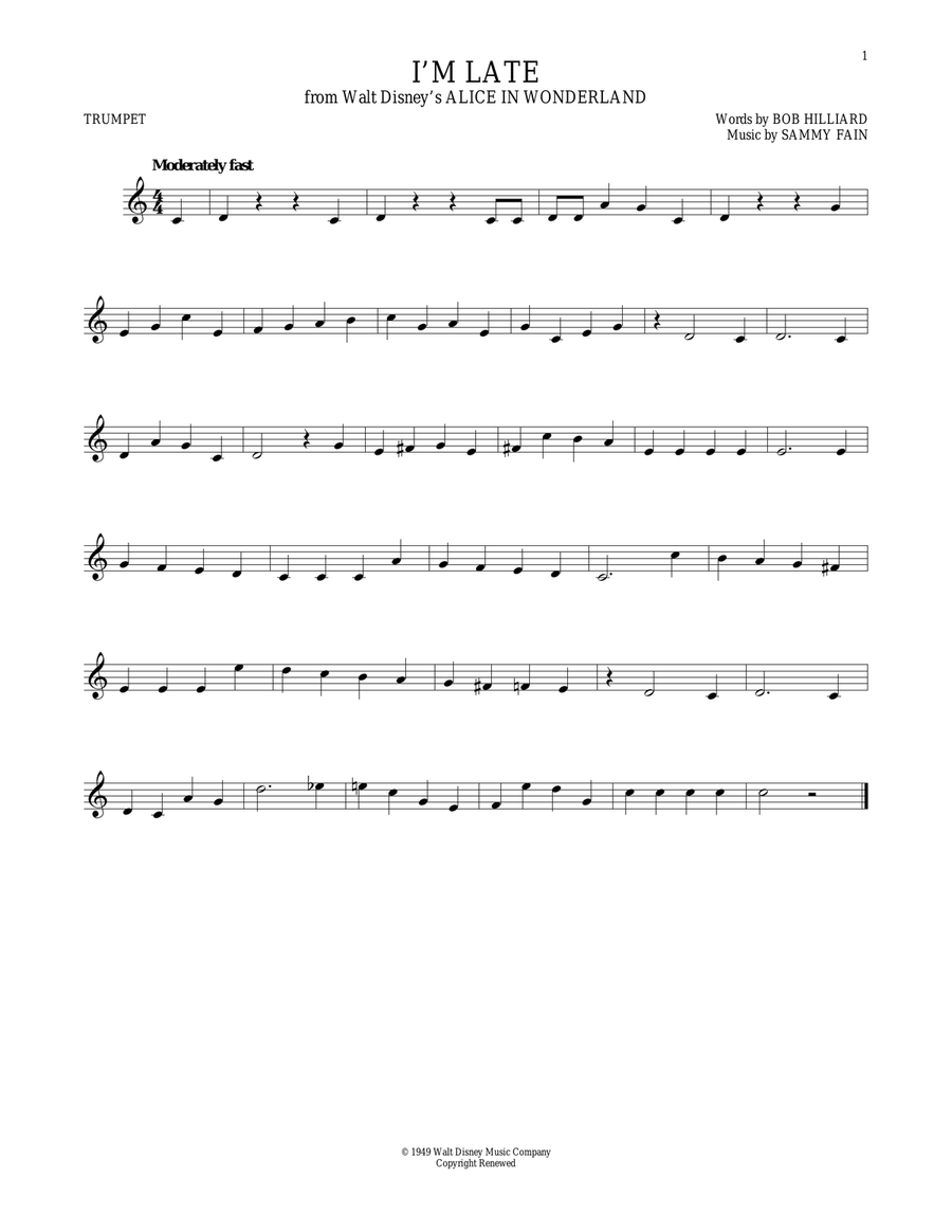I'm Late (from Alice In Wonderland) Trumpet Solo scores gallery preview page 1