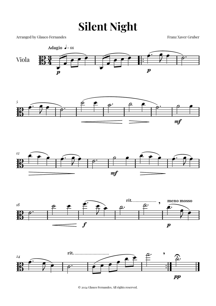 Silent Night | BEAUTIFUL Arrangement Viola Solo scores gallery preview page 1