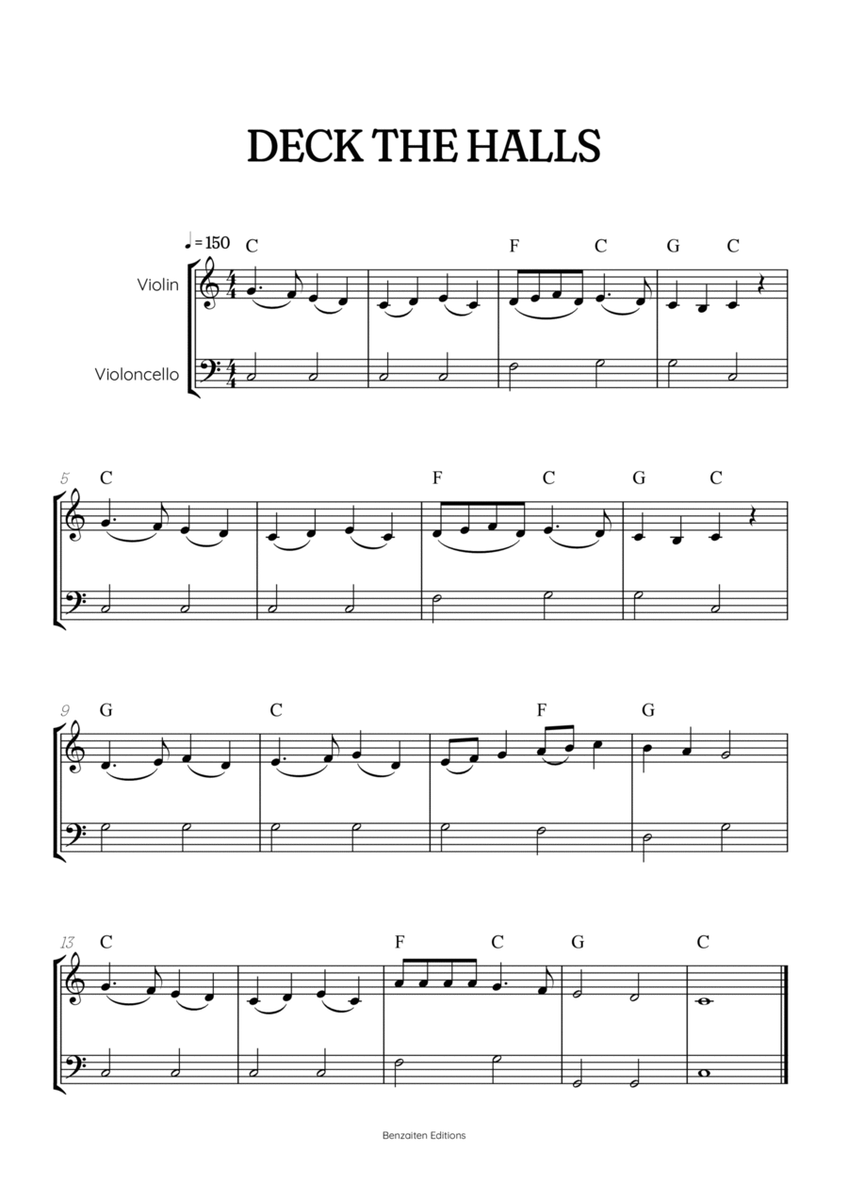 Deck the Halls for violin and cello duet • super easy Christmas song sheet music with chords image number null