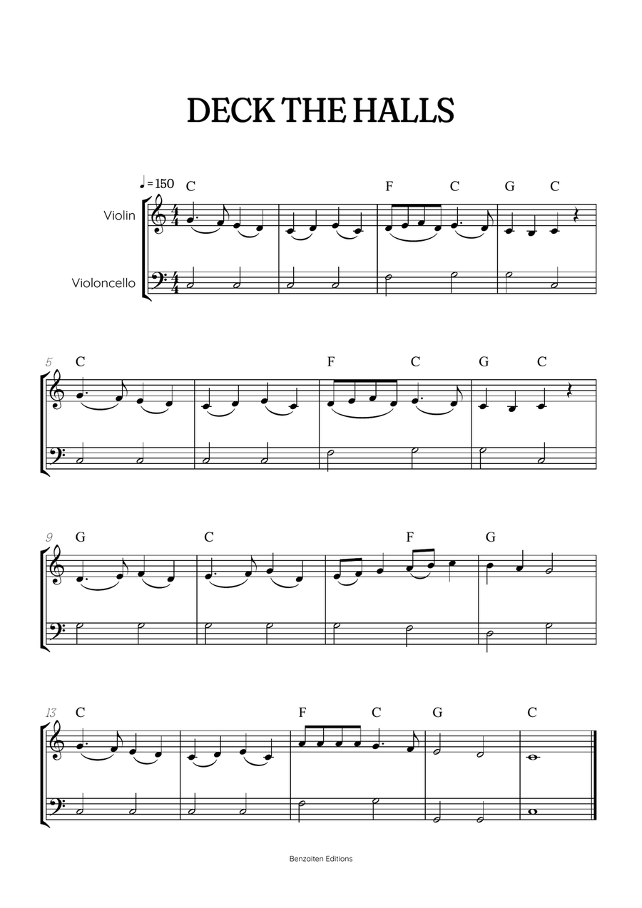 Deck the Halls for violin and cello duet • super easy Christmas song sheet music with chords String Duet scores gallery preview page 1
