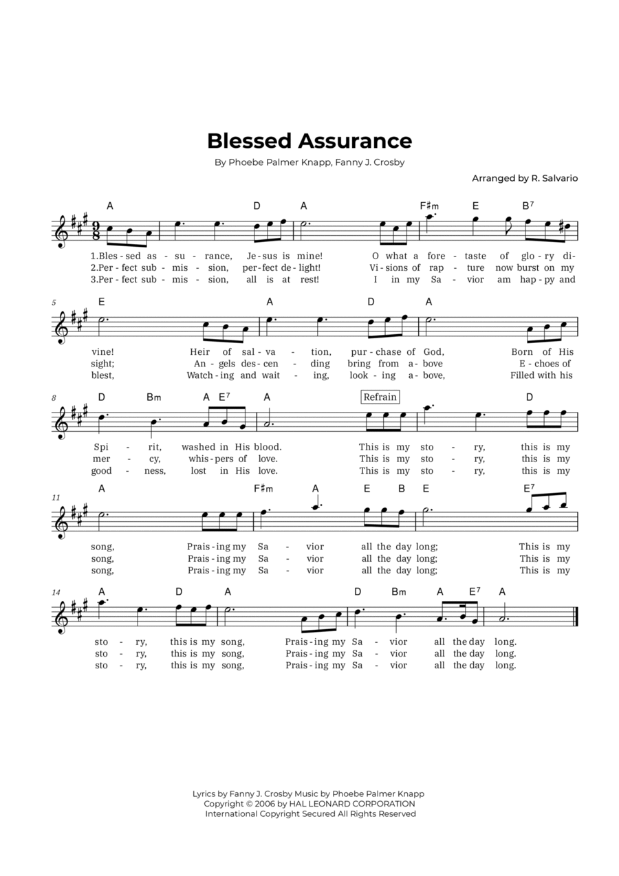 Blessed Assurance (Key of A Major) Easy Piano scores gallery preview page 1