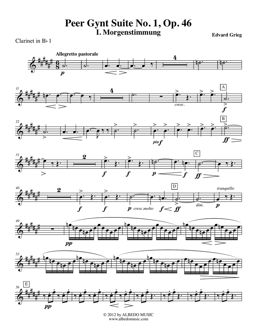 Grieg Peer Gynt Suite No.1 - Clarinet in Bb 1 (Transposed Part), Op.46 B-Flat Clarinet scores gallery preview page 1