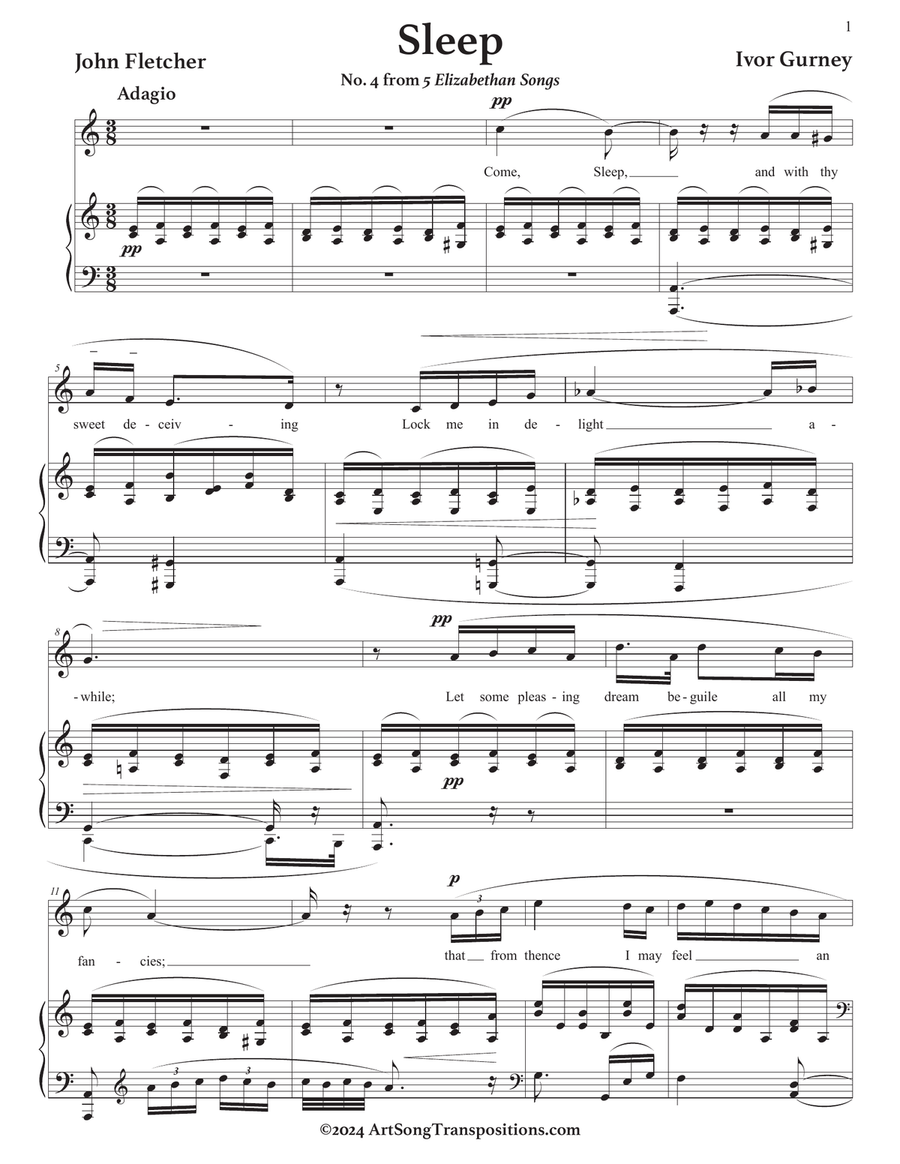 GURNEY: Sleep (transposed to A minor) Piano, Vocal scores gallery preview page 2
