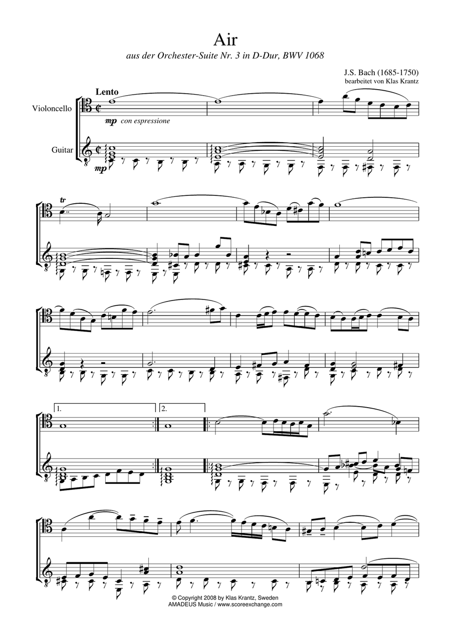 Air (on the G string) BWV 1068 for cello and guitar String Duet scores gallery preview page 2