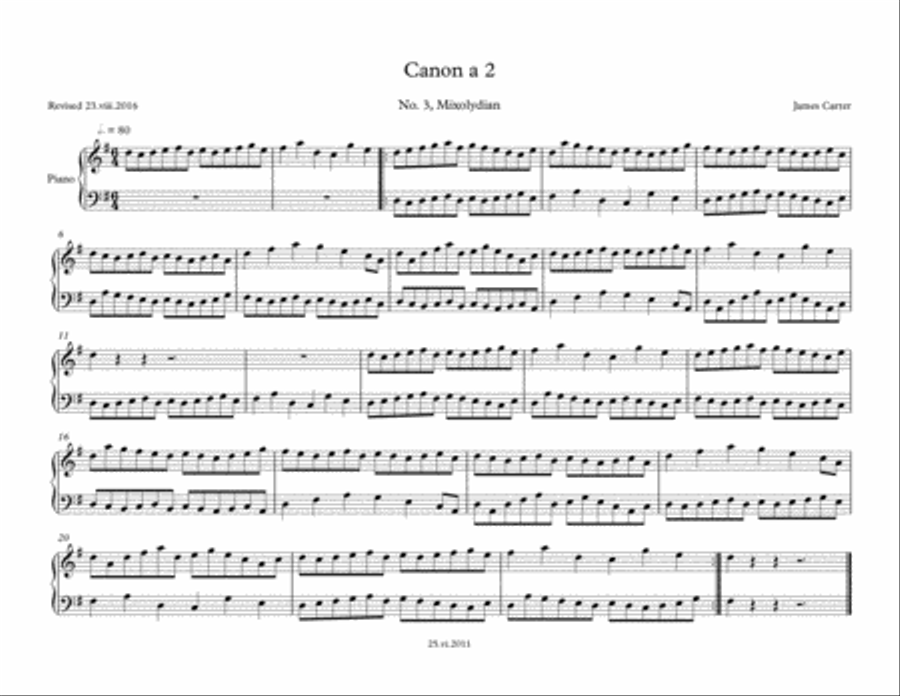Canon a 2 in Three Modes, No. 3, Mixolydian, for Piano Solo, by J.W. Carter Piano Method scores gallery preview page 1
