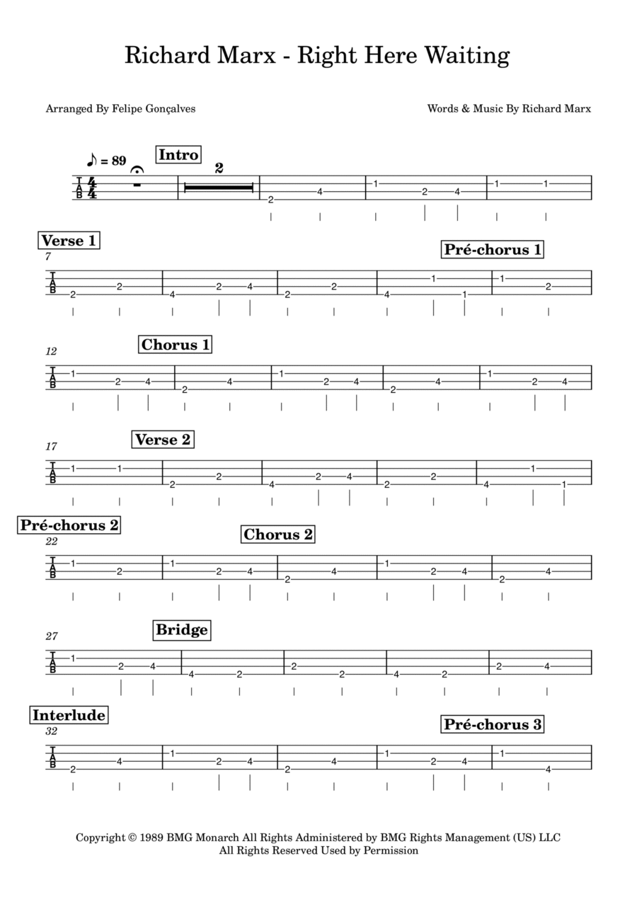 Right Here Waiting Guitar Tablature scores gallery preview page 1