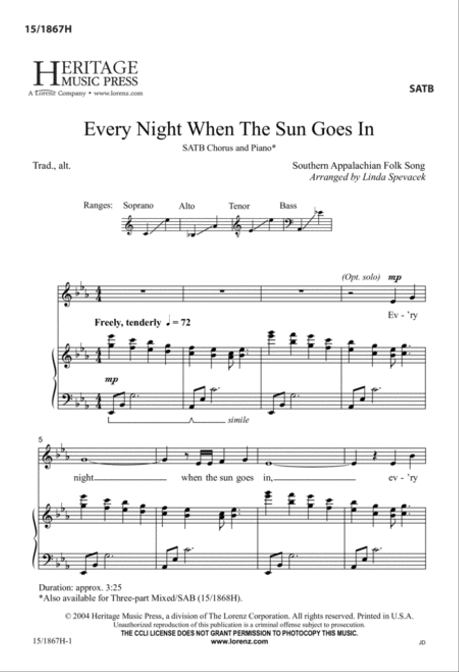 Every Night When the Sun Goes In 4-Part scores gallery preview page 1