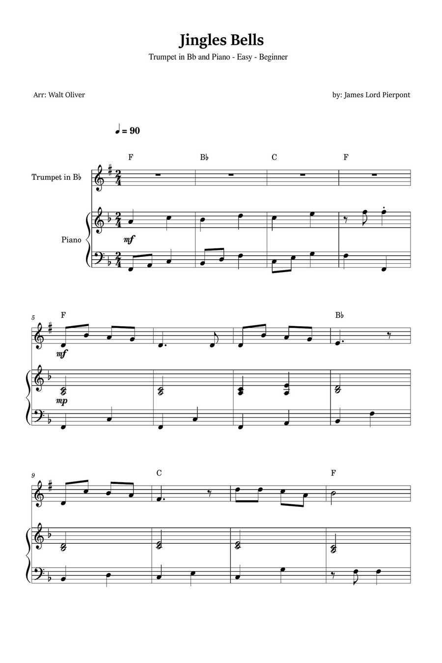Jingle Bells for Trumpet and Piano (Easy - beginner) B-Flat Trumpet scores gallery preview page 1