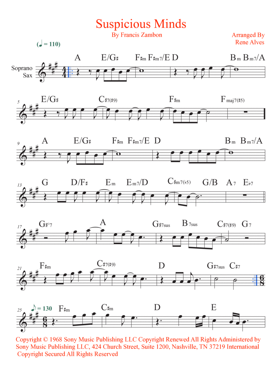 Suspicious Minds Suspicious Minds Soprano Saxophone scores gallery preview page 1