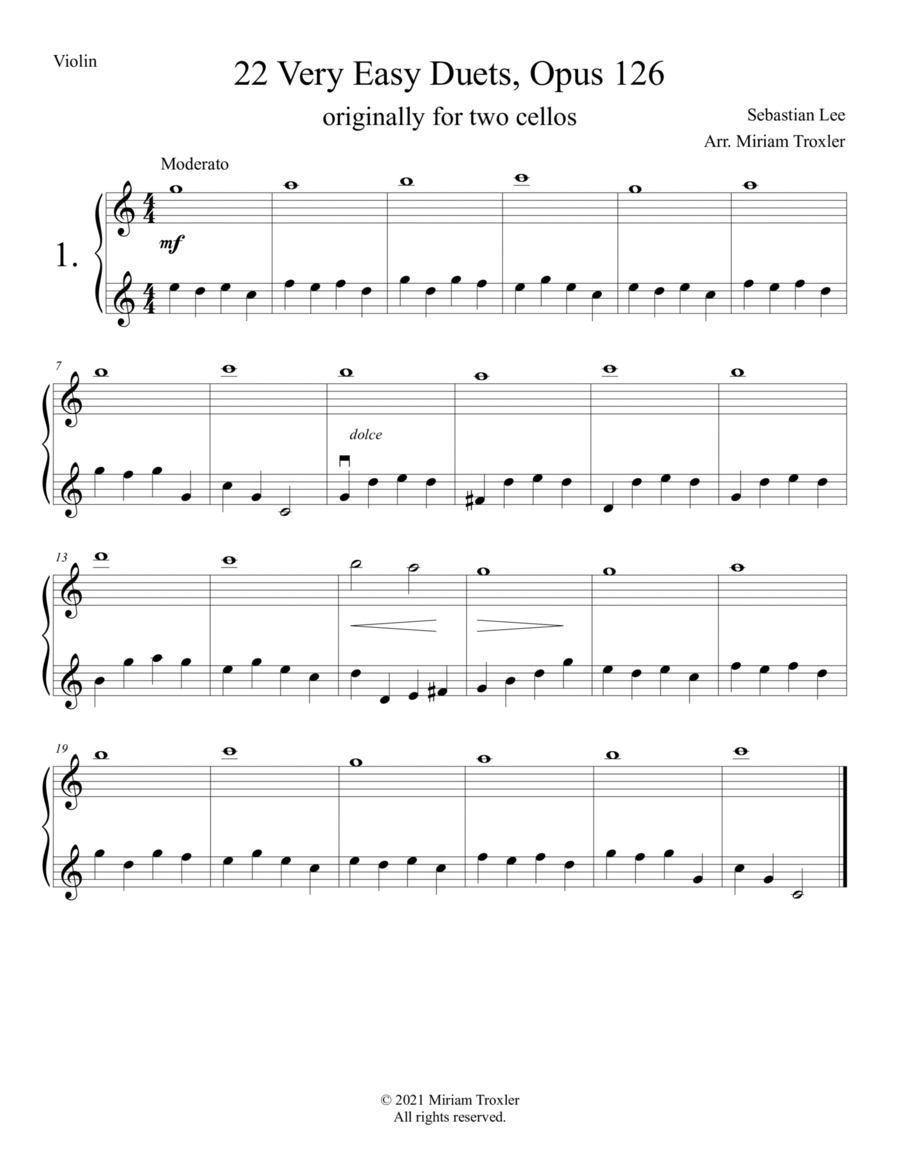 Sebastian Lee 22 Easy Duets Op. 126 for Two Violins String Duet scores gallery preview page 1
