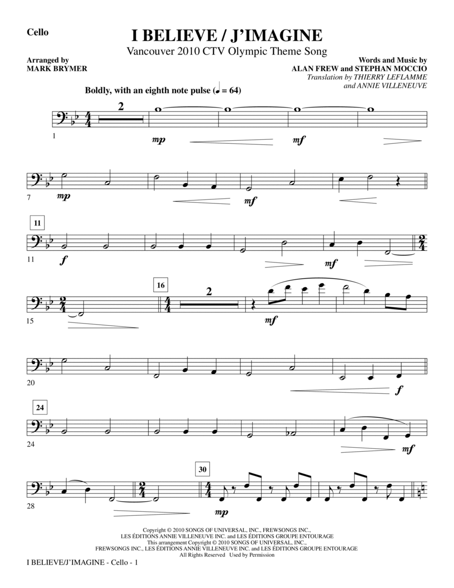 I Believe / J'Imagine - Cello Choir scores gallery preview page 1