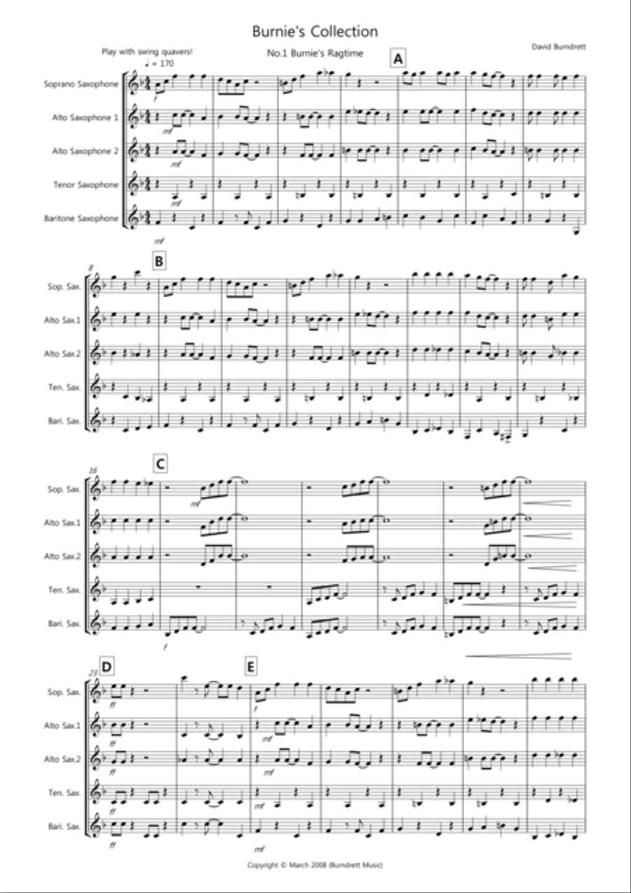 Burnie's Saxophone Quintet Collection Saxophone Quintet scores gallery preview page 1