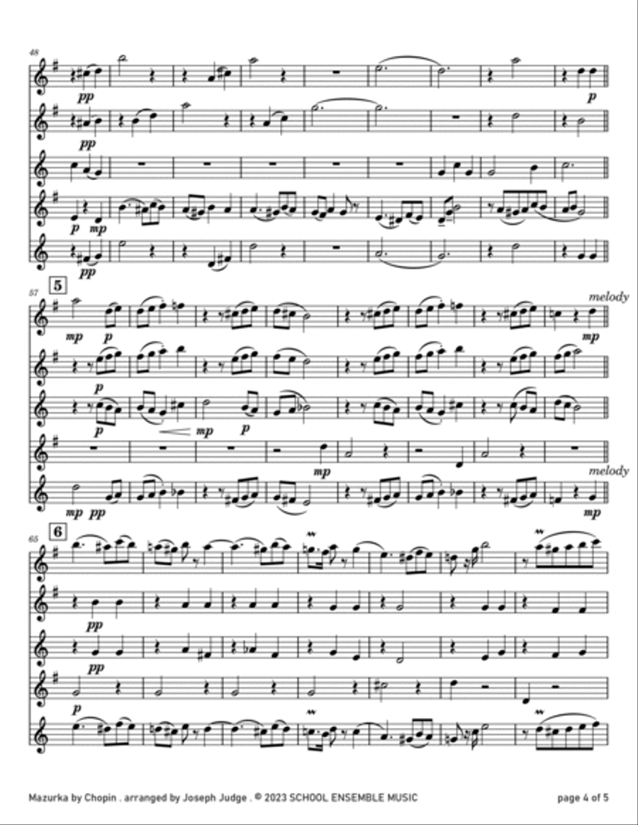 Mazurka by Chopin for Saxophone Quartet in Schools Saxophone Quartet scores gallery preview page 4