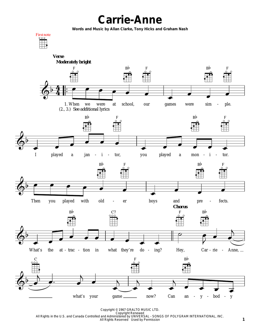 Carrie-Anne by The Hollies Ukulele - Digital Sheet Music