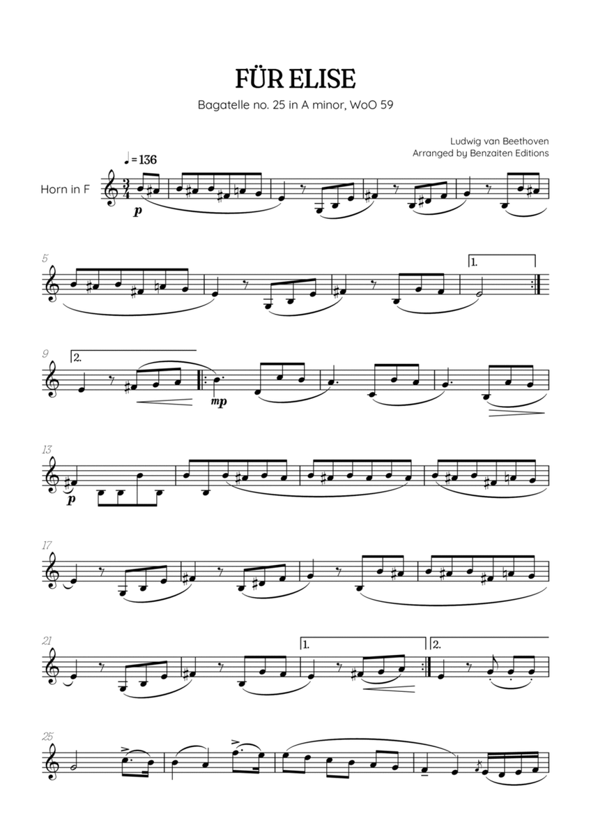 Beethoven • Für Elise / Pour Elise • french horn sheet music image number null