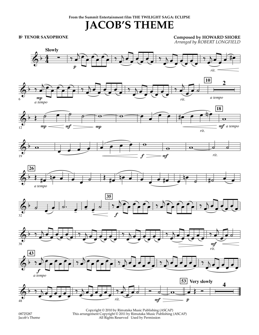 Jacob's Theme (from The Twilight Saga: Eclipse) - Bb Tenor Saxophone