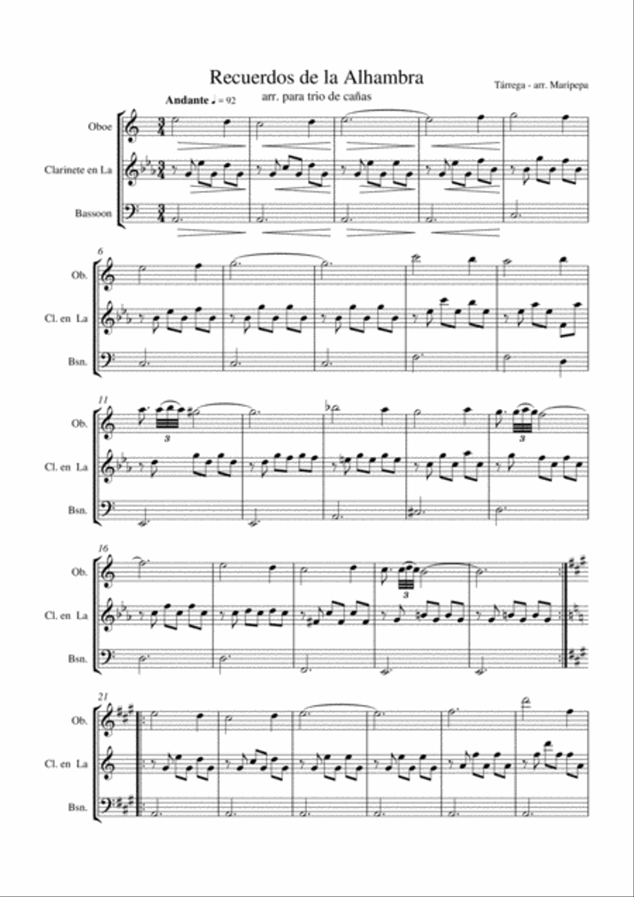 Recuerdos de la Alhambra (reed trio: oboe, clarinet and bassoon) Woodwind Trio scores gallery preview page 1