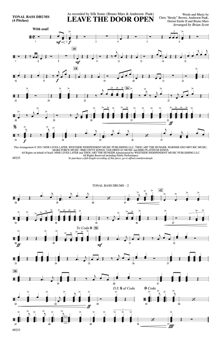 Leave the Door Open: Tonal Bass Drum Marching Band scores gallery preview page 1
